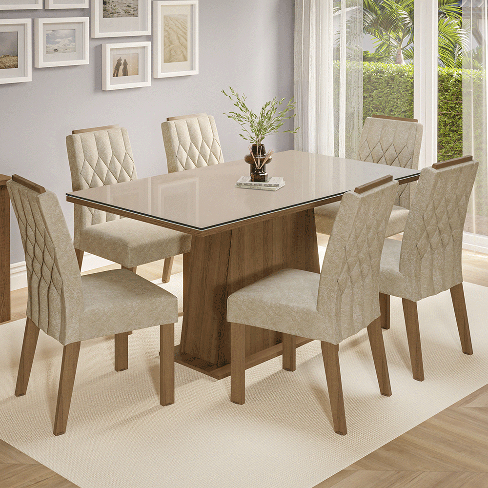 Juego de Comedor Tapa de Vidrio 6 Sillas Marrón/Crema/Imperial Avenca Madesa
