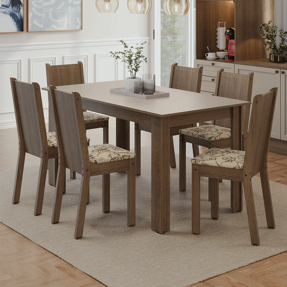 Juego de Comedor Mesa con Tapa de Madera 6 Sillas Marrón/Crema/Lirio Beige Madesa
