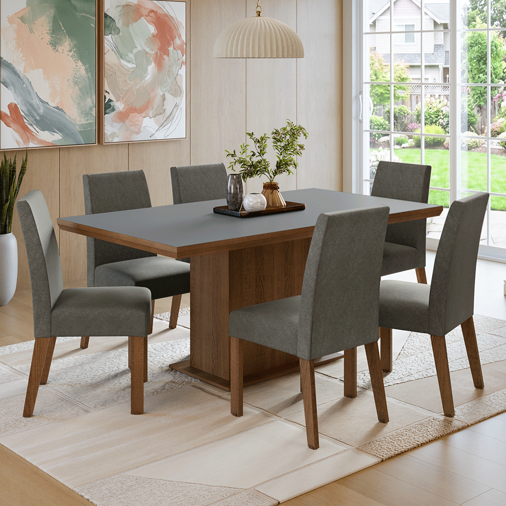 Juego de Comedor con Tapa de Madera 6 Sillas Marrón/Gris/Silver Grasse Madesa