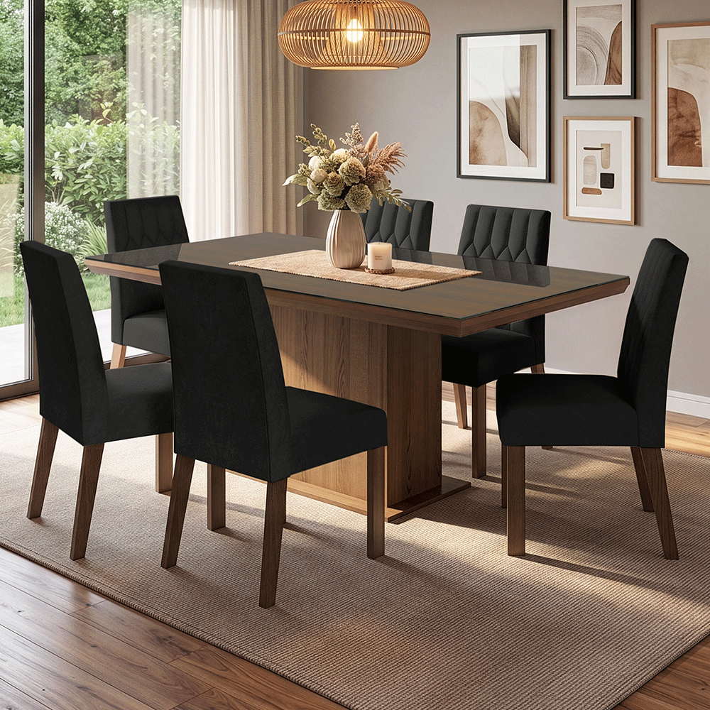 Juego de Comedor Tapa con Vidrio 6 Sillas Marrón/Oxford Dinan Madesa