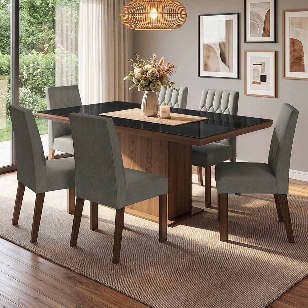 Juego de Comedor Tapa con Vidrio 6 Sillas Marrón/Negro/Silver Dinan Madesa