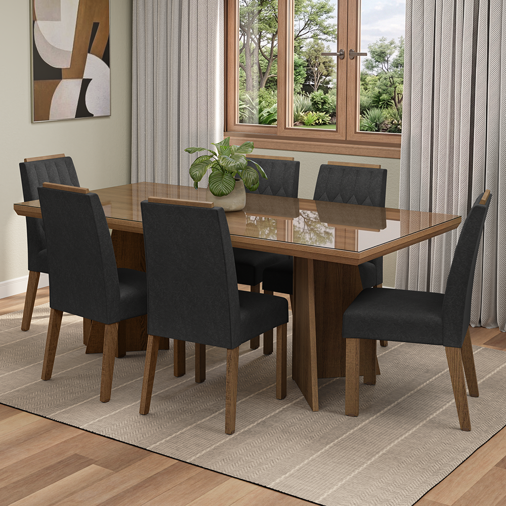 Juego de Comedor Tapa con Vidrio 6 Sillas Marrón/Oxford Pienza Madesa