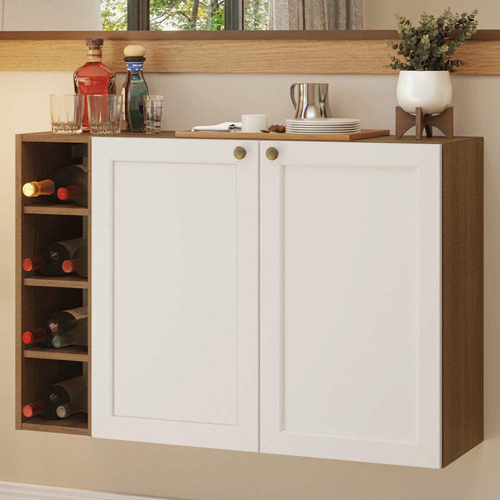 Aparador Vajillero con Bodega para botellas 100cm 2 Puertas Marrón/Blanco Vik 16