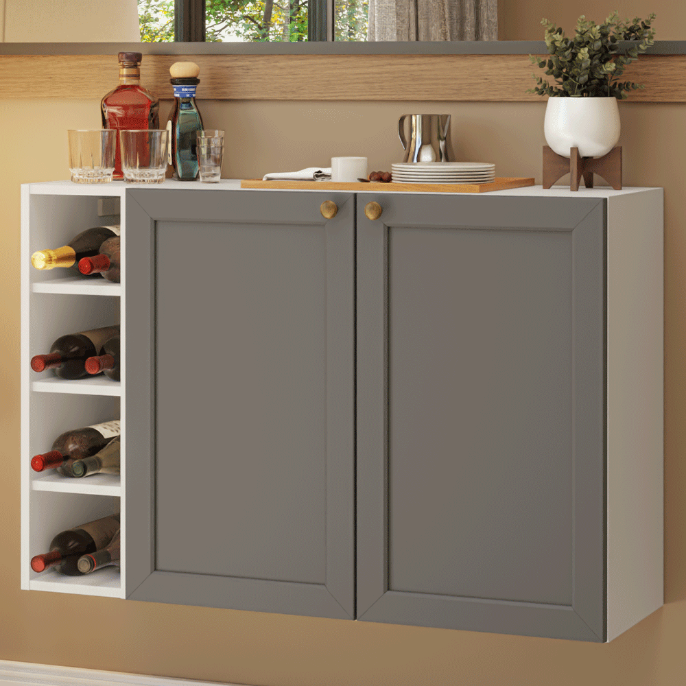 Aparador Vajillero con Bodega para botellas 100cm 2 Puertas Blanco/Gris Vik 16