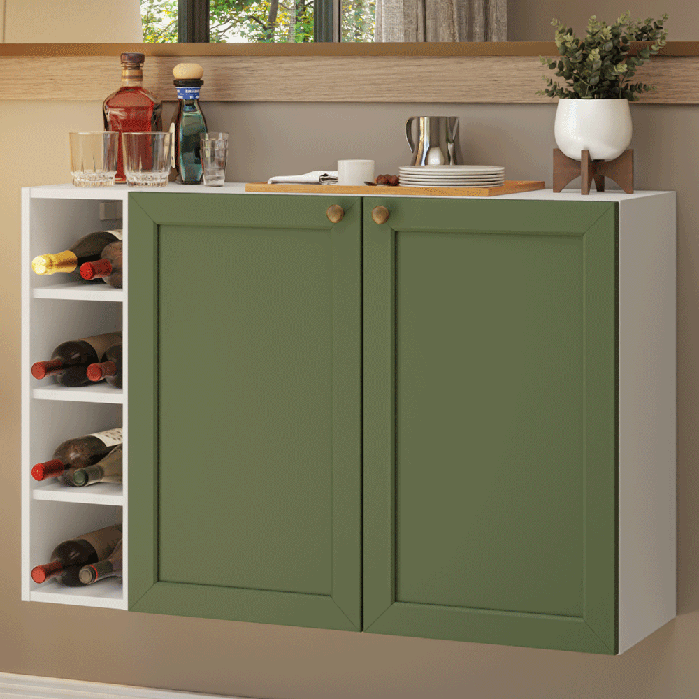 Aparador Vajillero con Bodega para botellas 100cm 2 Puertas Blanco/Verde Vik 16