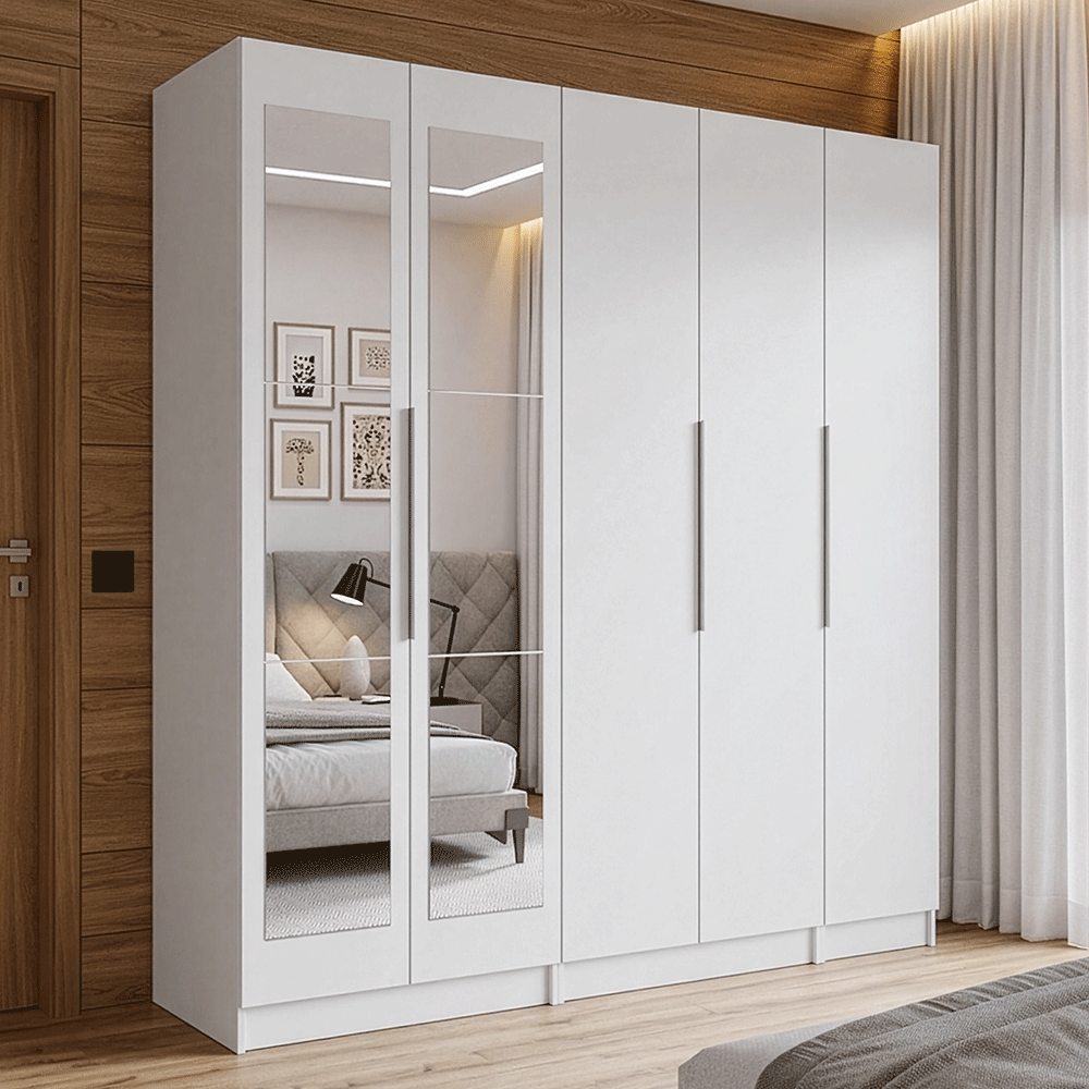 Placard Modular 200 cm 5 Puertas con Espejos 2 Cajones Blanco Neo Madesa 02