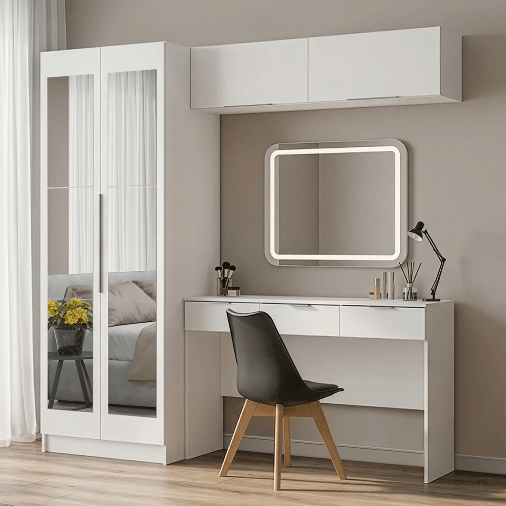 Conjunto Dormitorio 1 Tocador 2 Alacenas 1 Placard con Espejos 2 Puertas Neo Blanco Madesa