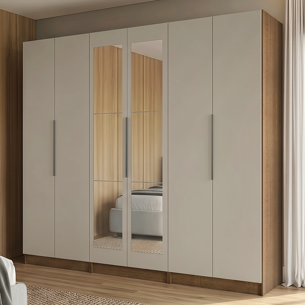 Placard Modular 240 cm 6 Puertas con Espejos 6 Cajones Marrón/Crema Neo Madesa 04