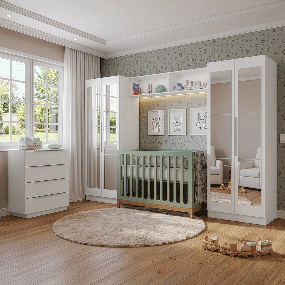 Dormitorio Infantil con 2 Placards Neo con Espejos 2 Alacenas 1 Cómoda Blanco Madesa 04