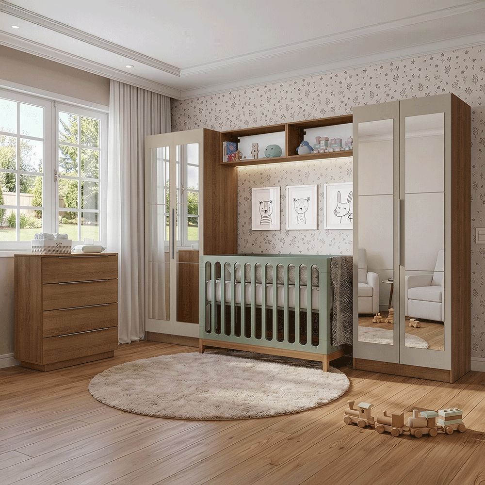 Dormitorio Infantil con 2 Placares Neo con Espejos 2 Alacenas 1 Cómoda Marrón/Crema Madesa 04