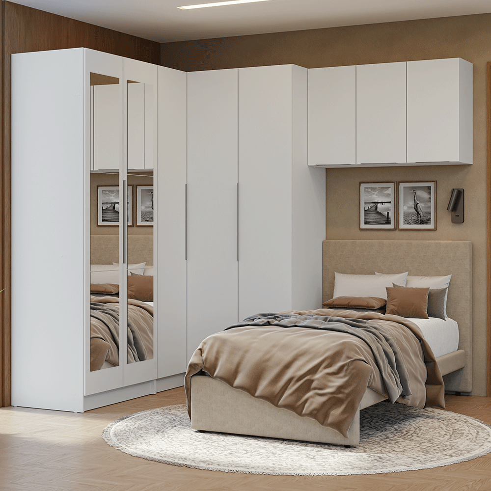 Dormitorio Completo de Esquinero Individual 415 cm Placard con Espejos Blanco Neo Madesa 02