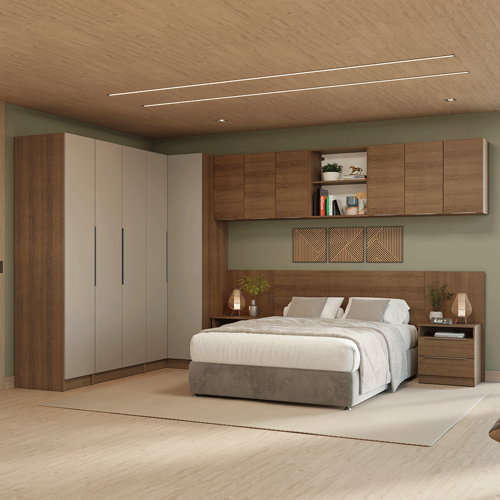 Dormitorio Completo Matrimonial Esquinero 580 cm con Respaldo de Cama Marrón/Crema Neo Madesa