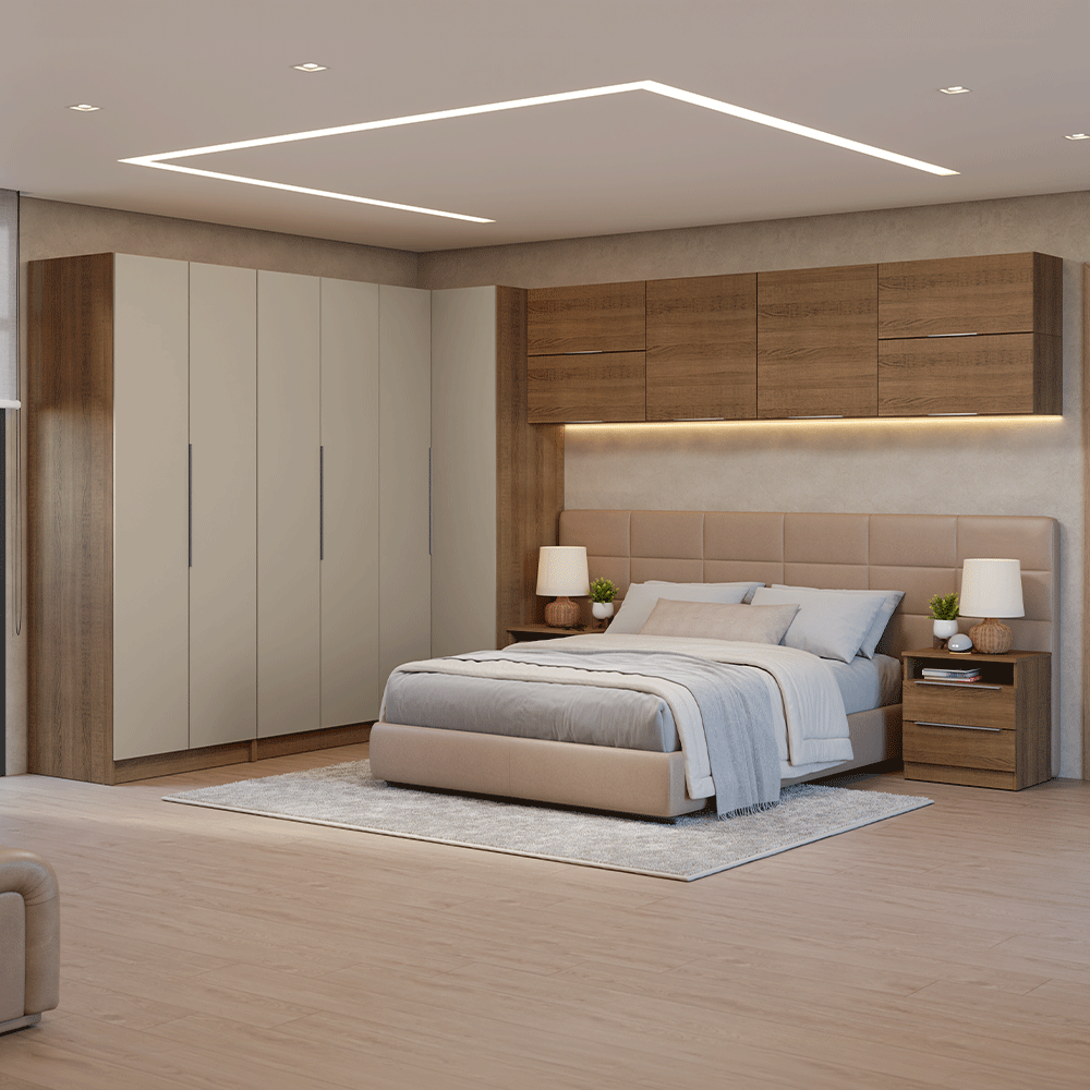 Dormitorio Completo Matrimonial Esquinero 610 cm con Respaldo de Cama Marrón/Crema Neo Madesa