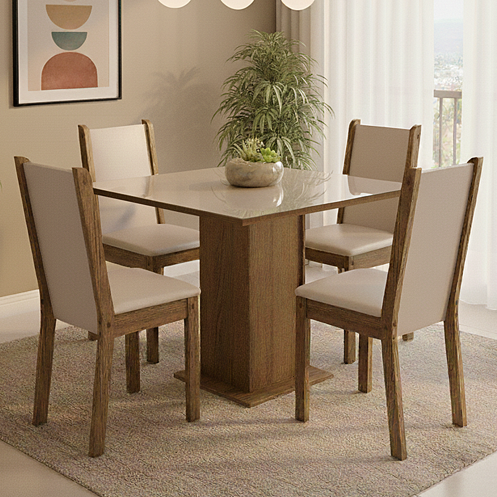 Juego de Comedor con Tapa de Madera y Vidrio 4 Sillas Marrón/Crema/Beige Leme