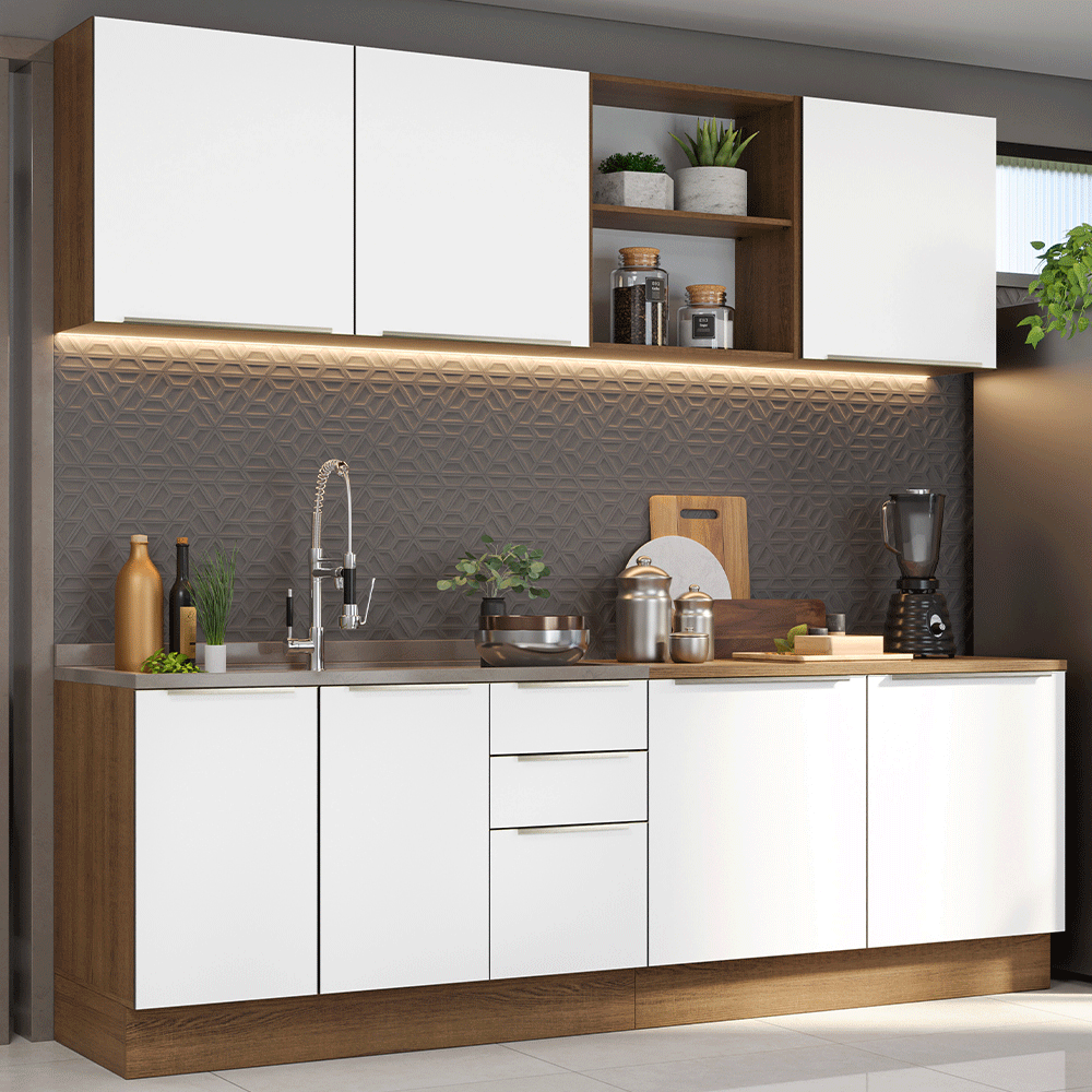 Combo Completo de Cocina 240 x 60 cm Marrón/Blanco Aterciopelado Lux Madesa 05