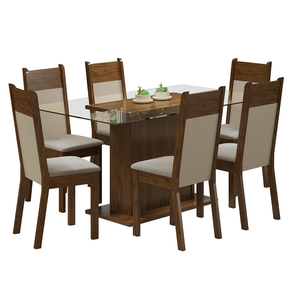 Juego de Comedor Madesa Atlanta Mesa Tapa de Vidrio con 6 Sillas Marrón/Crema/Sintético Beige