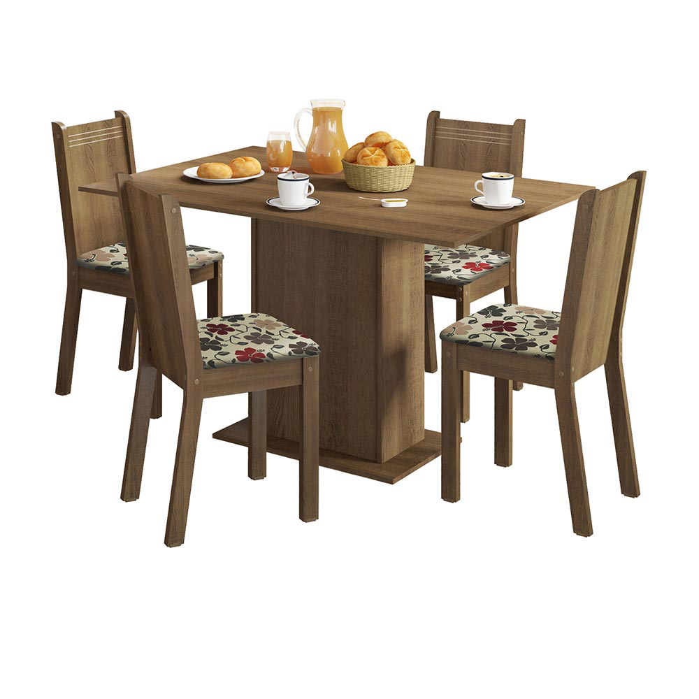 Juego de Comedor Lexy Madesa Mesa Tapa de Madera con 4 Sillas Marrón/Floral Hibiscos