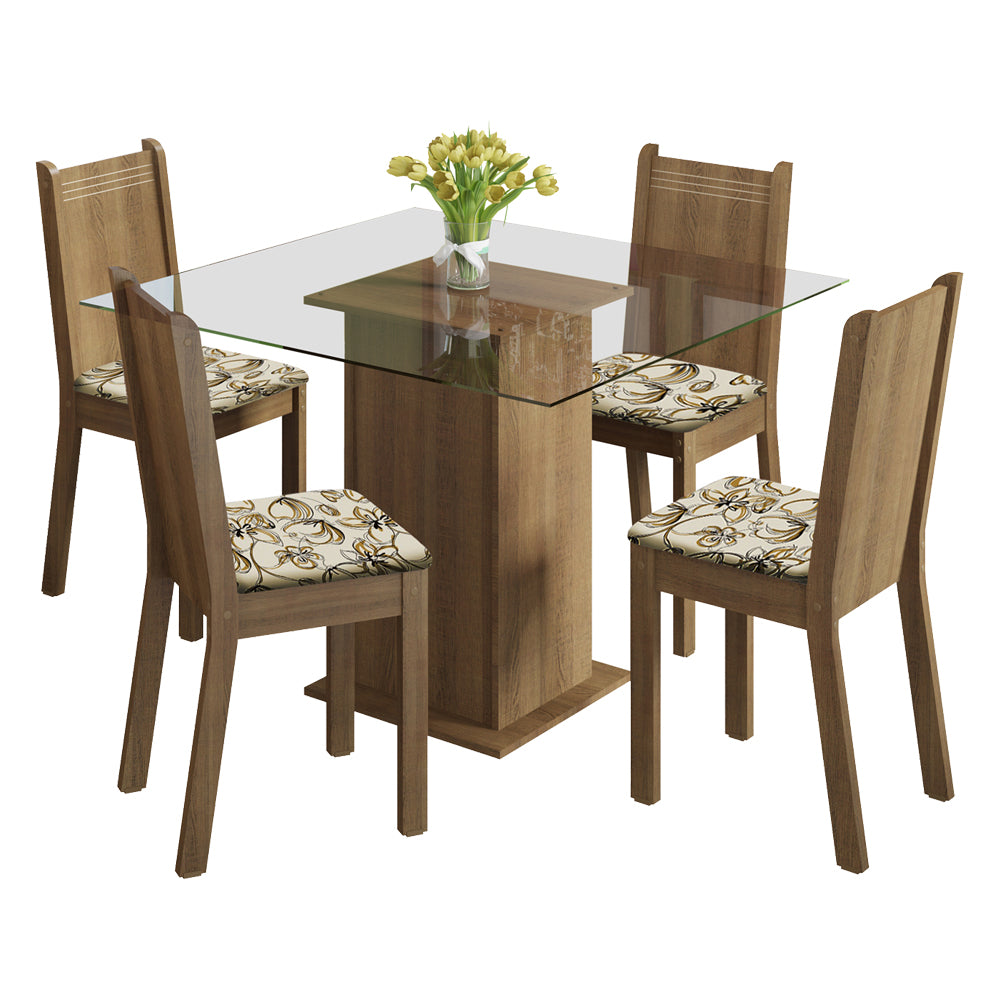Juego de Comedor con Tapa de Vidrio 4 Sillas Marrón/Floral Beige Magda