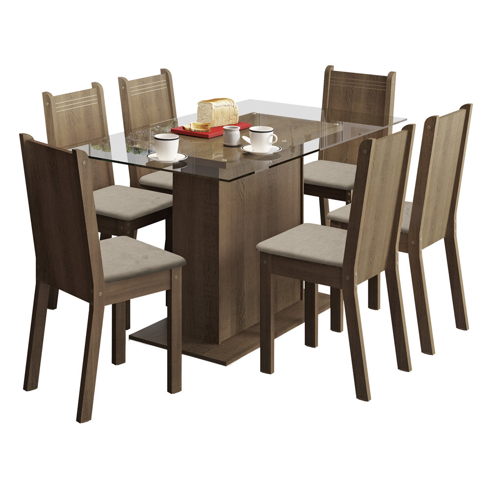 Juego de Comedor Madesa Gales Mesa Tapa de Vidrio con 6 Sillas Marrón/Sintético Beige