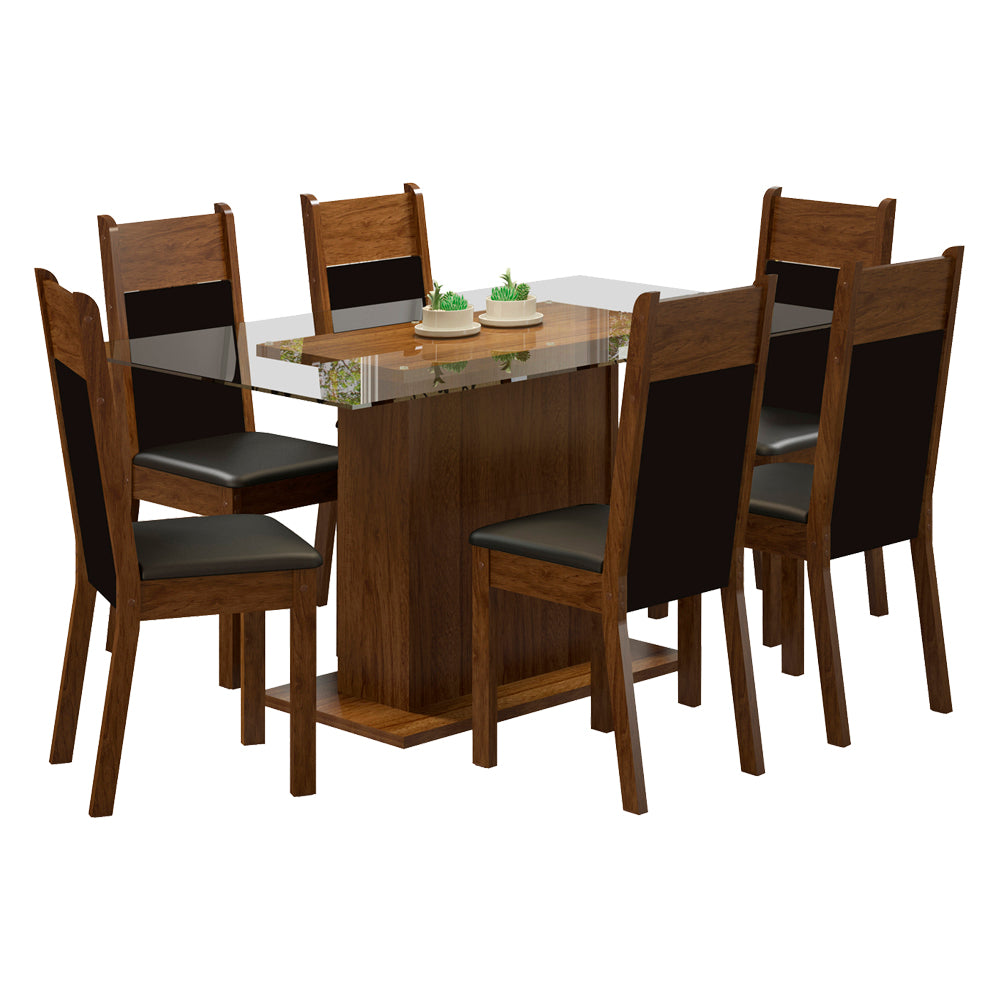 Juego de Comedor Madesa Atlanta Mesa Tapa de Vidrio con 6 Sillas Marrón/Negro/Sintético Negro