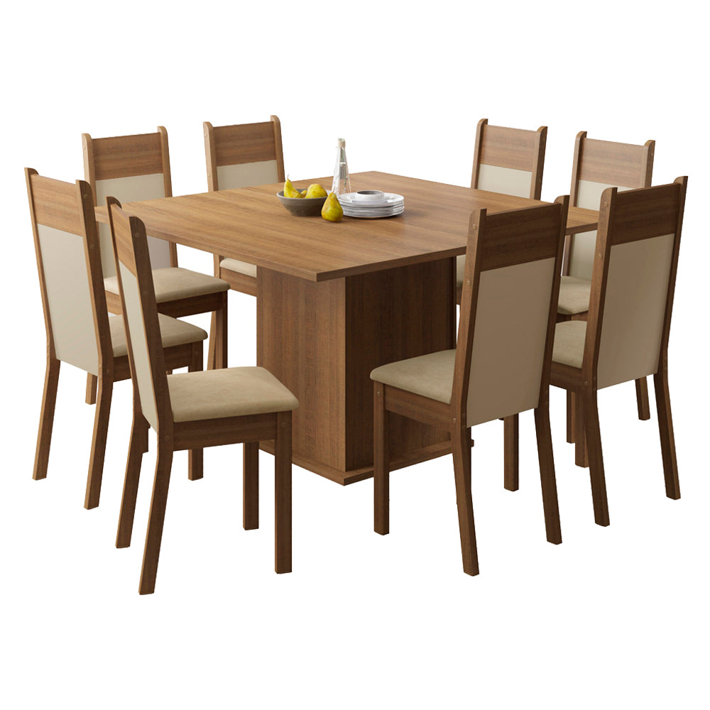 Juego de Comedor Mesada de Madera 8 Sillas Panamá Marrón/Crema/Sintético Beige