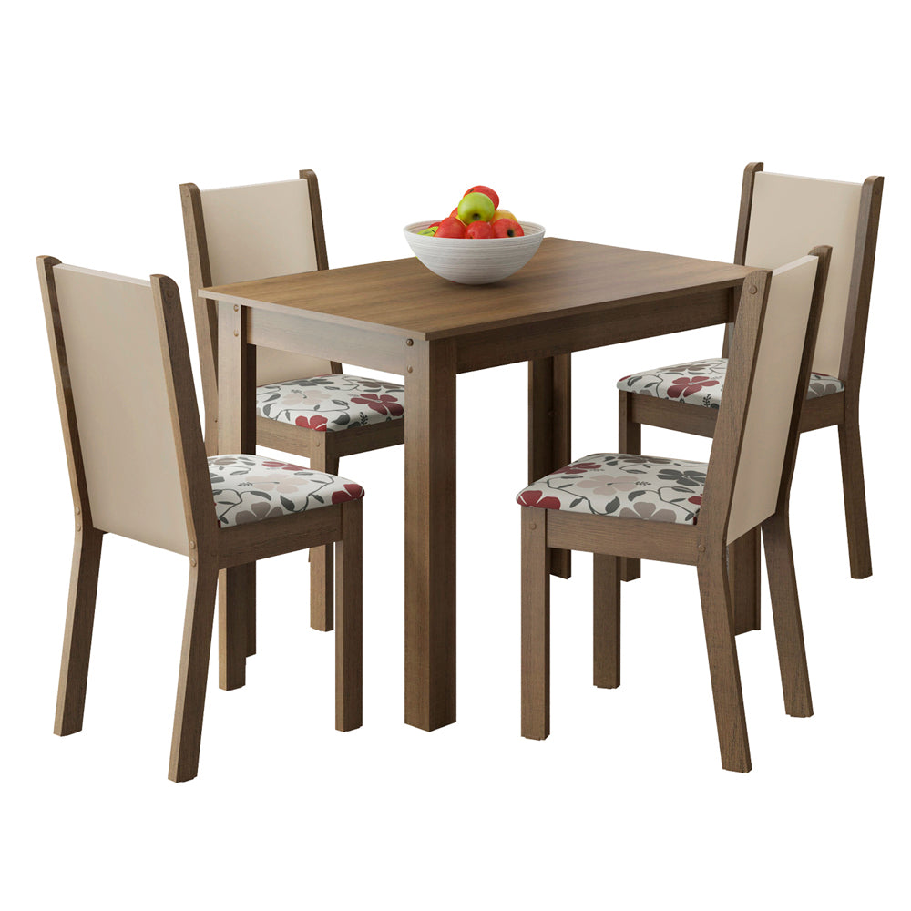 Juego de Comedor Madesa Cíntia Mesa Tapa de Madera con 4 Sillas Marrón/Crema/Hibiscos