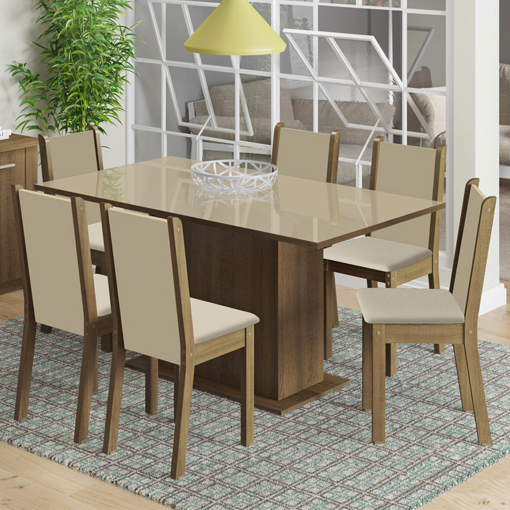 Comedor Moscú Plus Mesa Tapa de Vidrio con 6 Sillas Marrón/Crema/Sintético Beige
