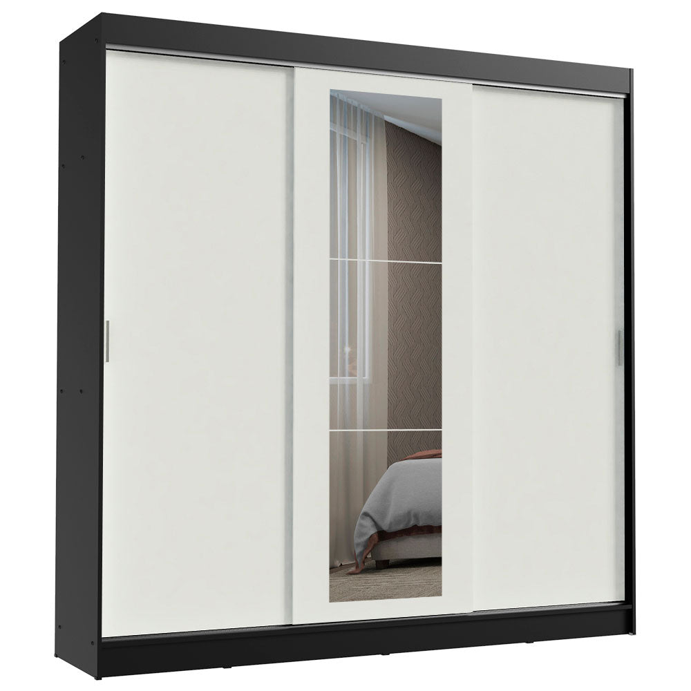Placard Ropero Matrimonial Madesa Kansas 3 Puertas Corredizas con Espejo 3 Cajones Negro/Blanco