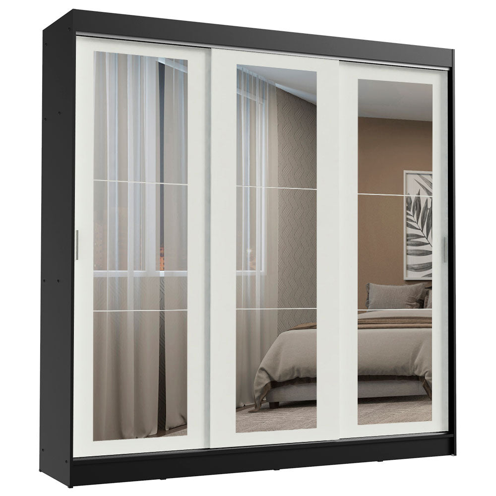 Placard Ropero Matrimonial Madesa Kansas 3 Puertas Corredizas de Espejo 3 Cajones Negro/Blanco