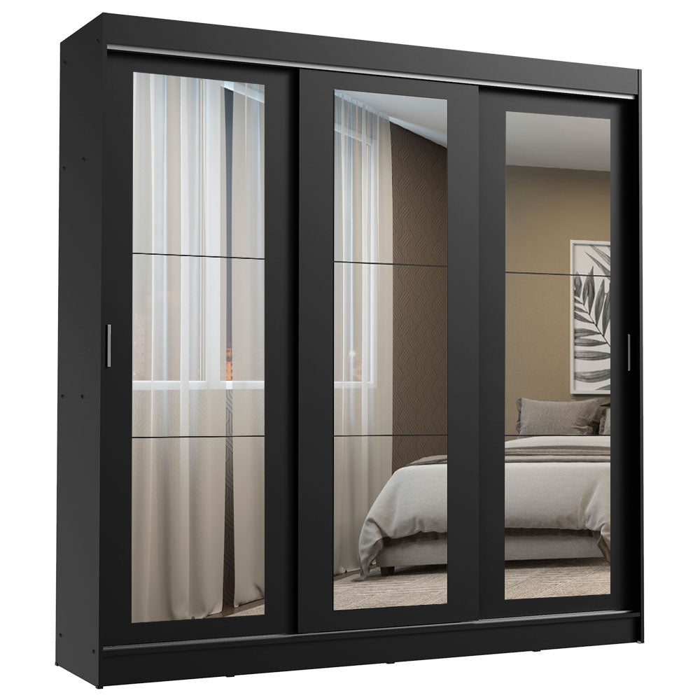 Placard Ropero Matrimonial Madesa Kansas 3 Puertas Corredizas de Espejo 3 Cajones Negro