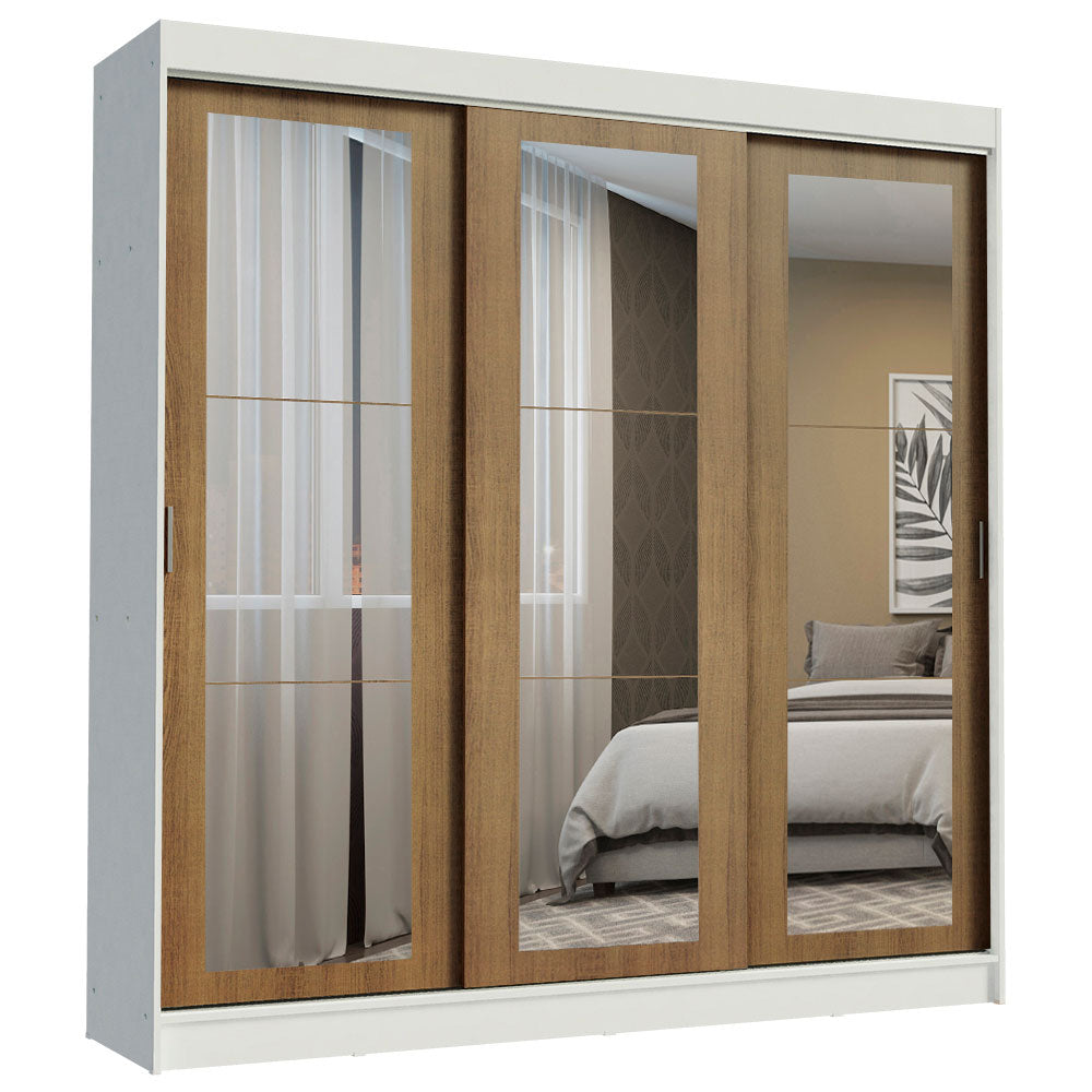 Placard Ropero Matrimonial Madesa Kansas 3 Puertas Corredizas de Espejo 3 Cajones Blanco/Marrón