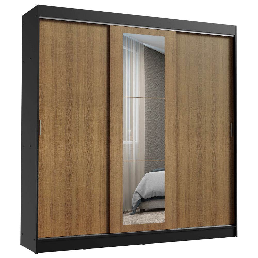 Placard Ropero Matrimonial Madesa Kansas 3 Puertas Corredizas con Espejo 3 Cajones Negro/Marrón