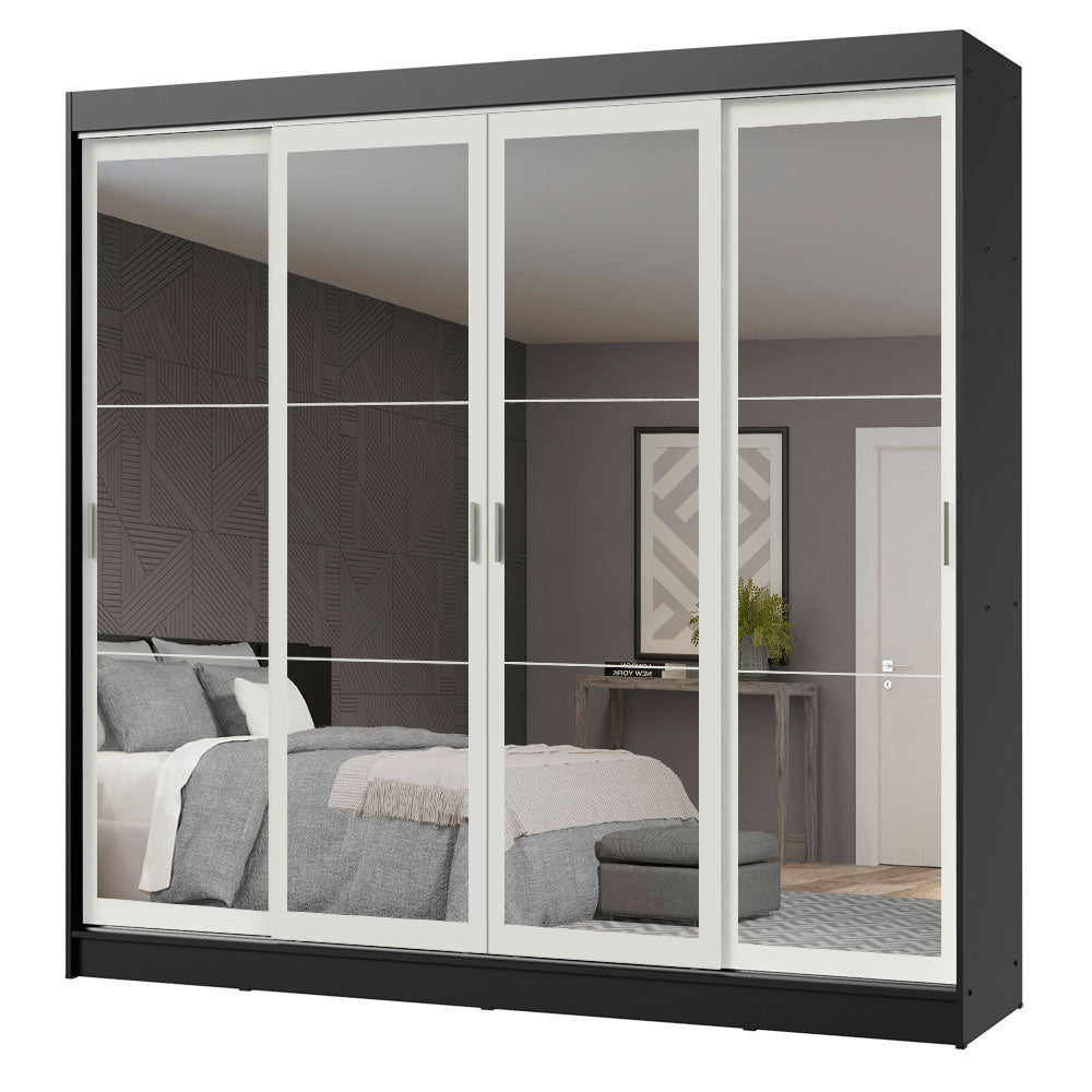 Placard Ropero Matrimonial Madesa Austin 4 Puertas Corredizas de Espejo 3 Cajones Negro/Blanco