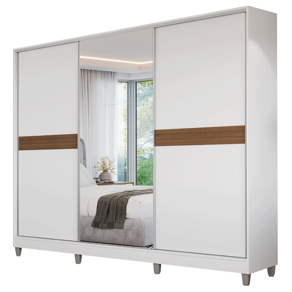 Placard Matrimonial Malta 231 cm 3 Puertas Corredizas con 1 Espejo 4 Cajones con Patas 100% MDF Blanco Madesa