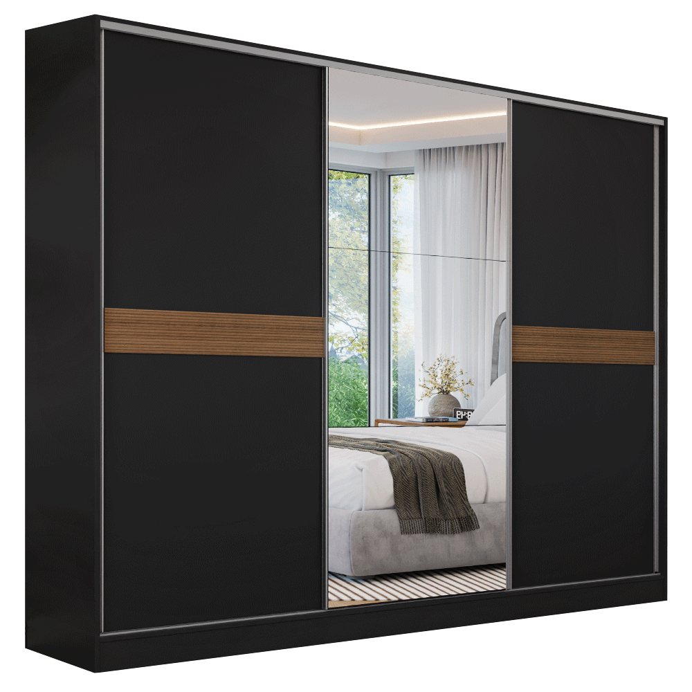 Placard Matrimonial Malta 231 cm 3 Puertas Corredizas con 1 Espejo 4 Cajones con Patas 100% MDF Negro Madesa