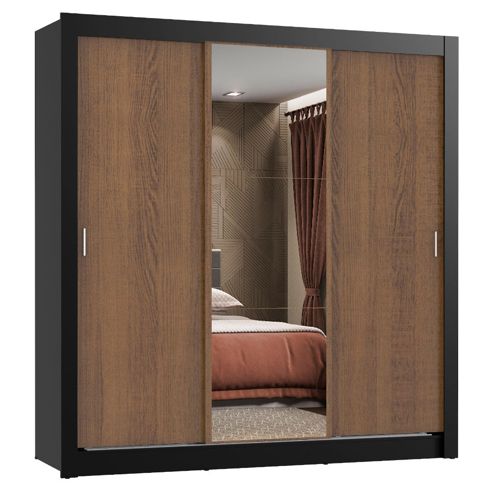 Placard Matrimonial Lyon 3 Puertas Corredizas con Espejo 2 Cajones Negro/Marrón