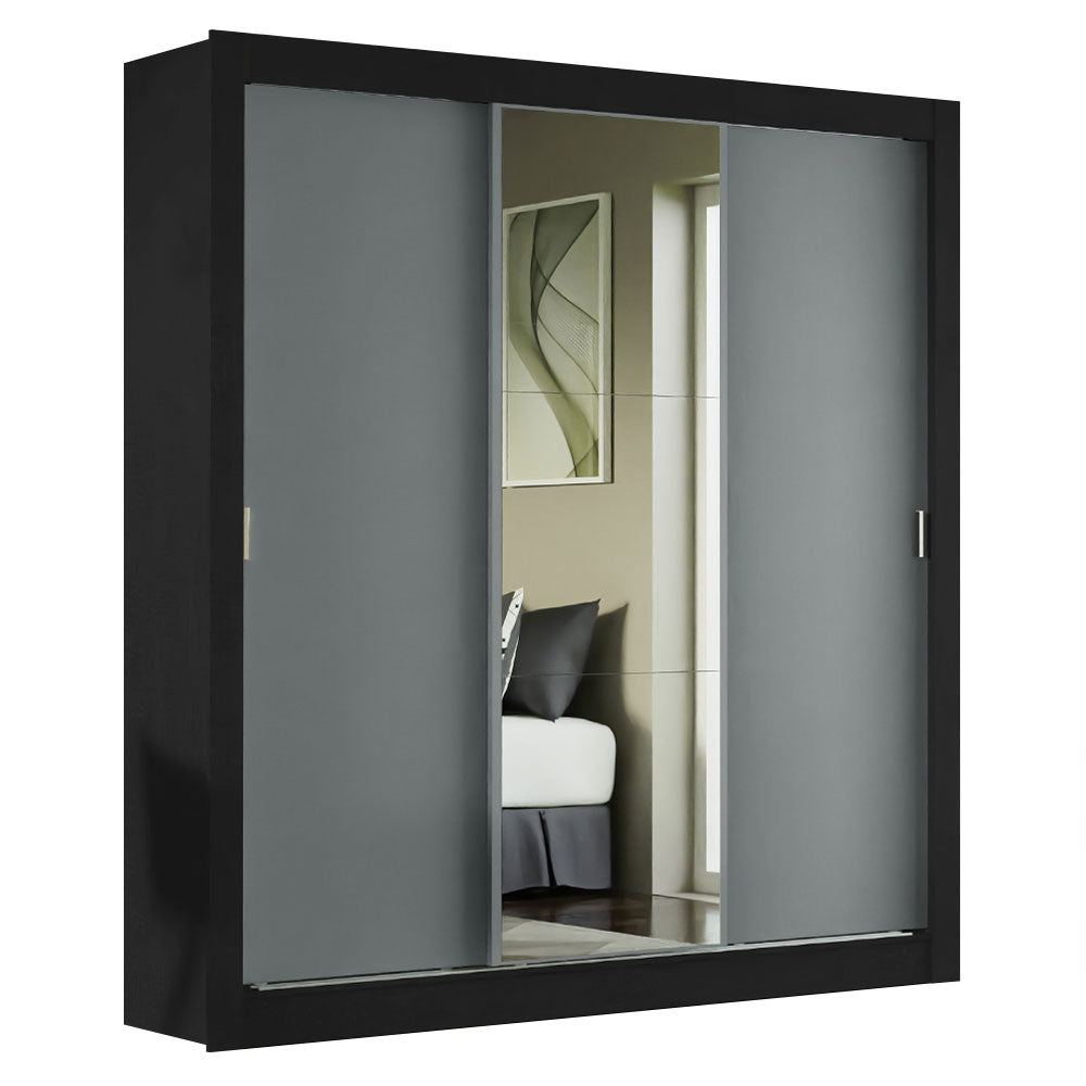 Placard Matrimonial 3 Puertas Corredizas con Espejo Negro/Gris Monaco