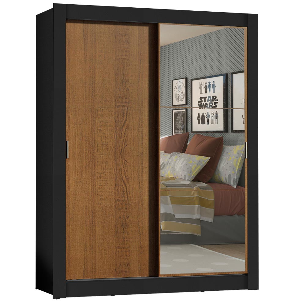 Placard Soltero 2 Puertas Corredizas con Espejo Negro/Marrón Denver