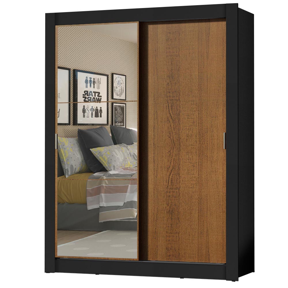 Placard Soltero 2 Puertas Corredizas con Espejo 4 Cajones Negro/Marrón Dallas Plus