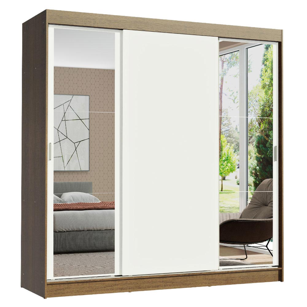 Placard Matrimonial Reno 3 Puertas Corredizas 2 con Espejo - Marrón/Blanco