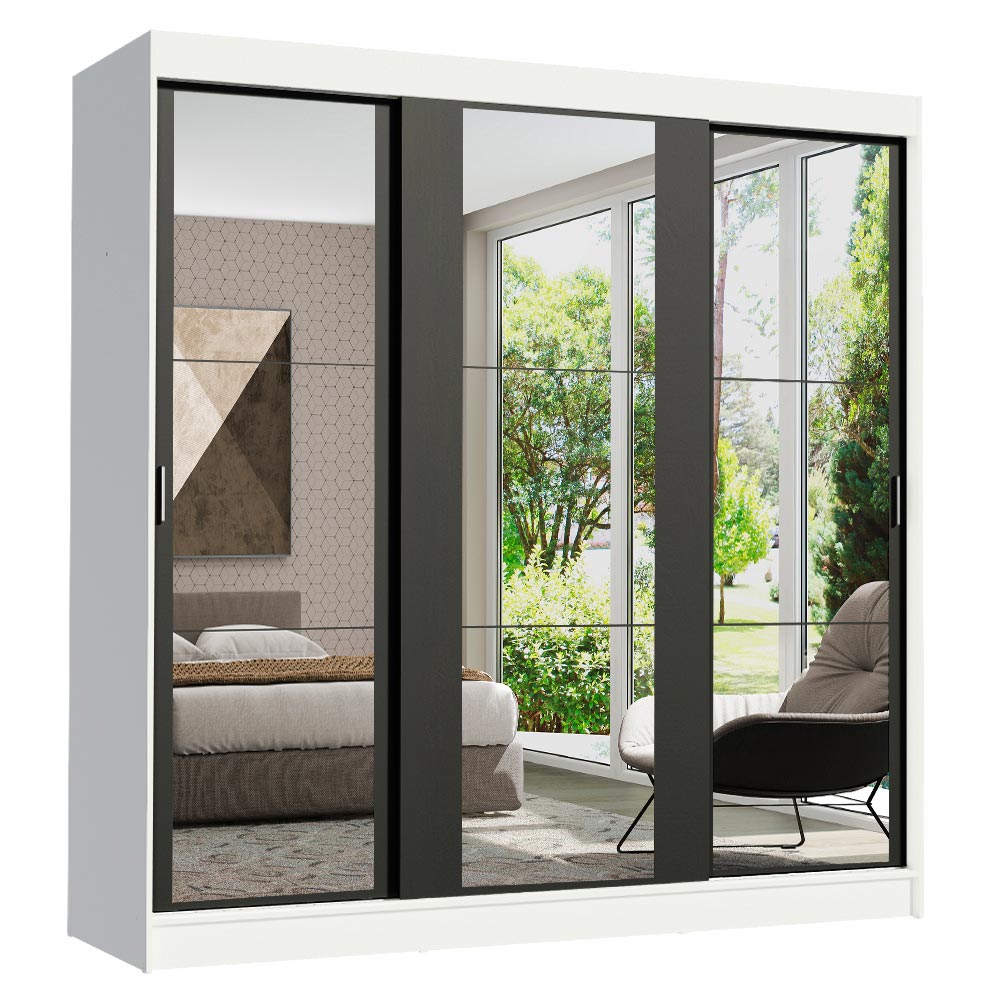 Placard Matrimonial Reno con 3 Puertas Corredizas de Espejo Blanco/Negro