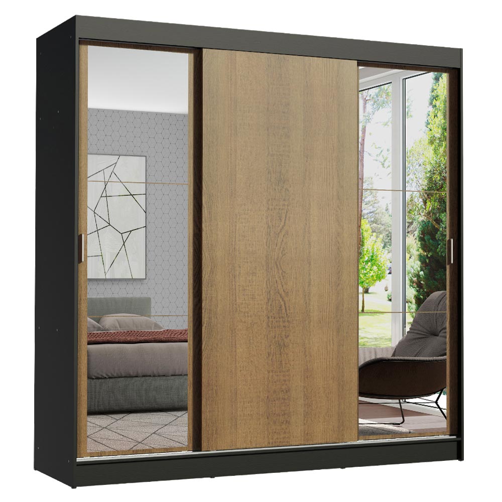 Placard Matrimonial Reno 3 Puertas Corredizas con Espejos Negro/Marrón