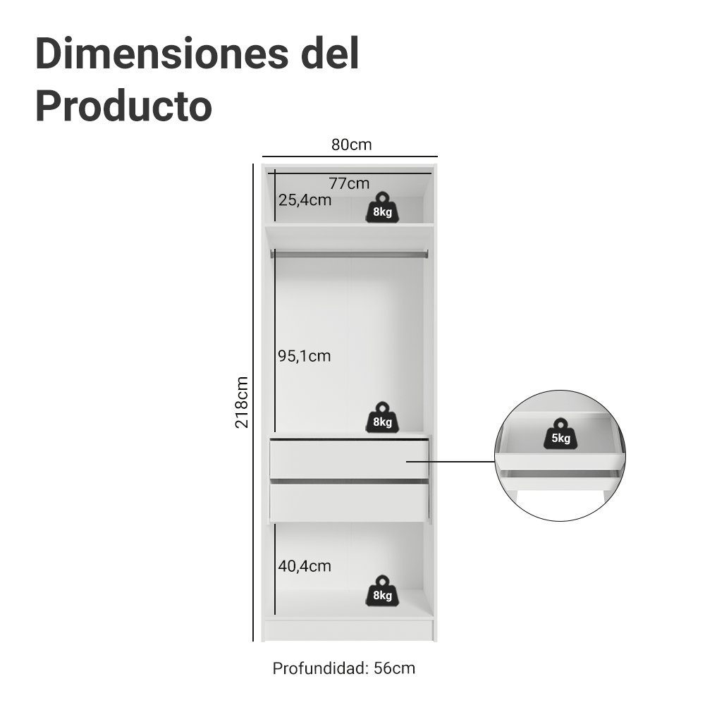 Placard Modulado 80 cm 2 Puertas 2 Cajones Neo Blanco
