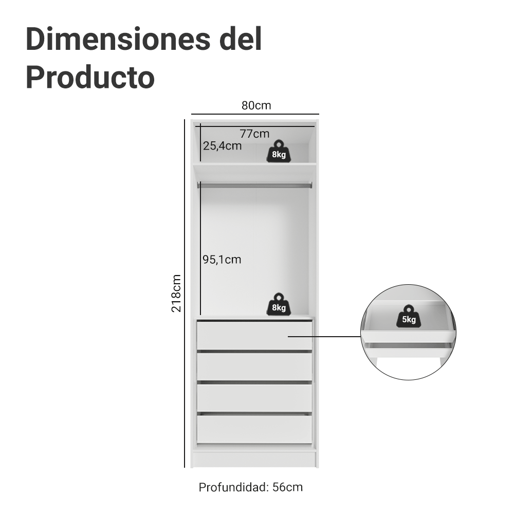 Placard Modular 2 Puertas 4 Cajones 1 Perchero Blanco Neo Madesa