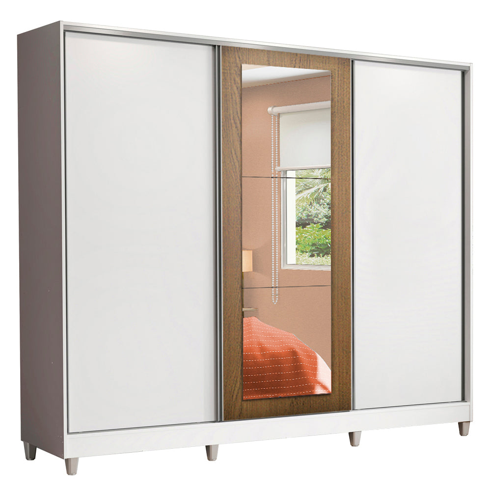 Placard Matrimonial 100% MDF Eros 3 Puertas Corredizas con Espejo con Patas Blanco/Blanco/Marrón