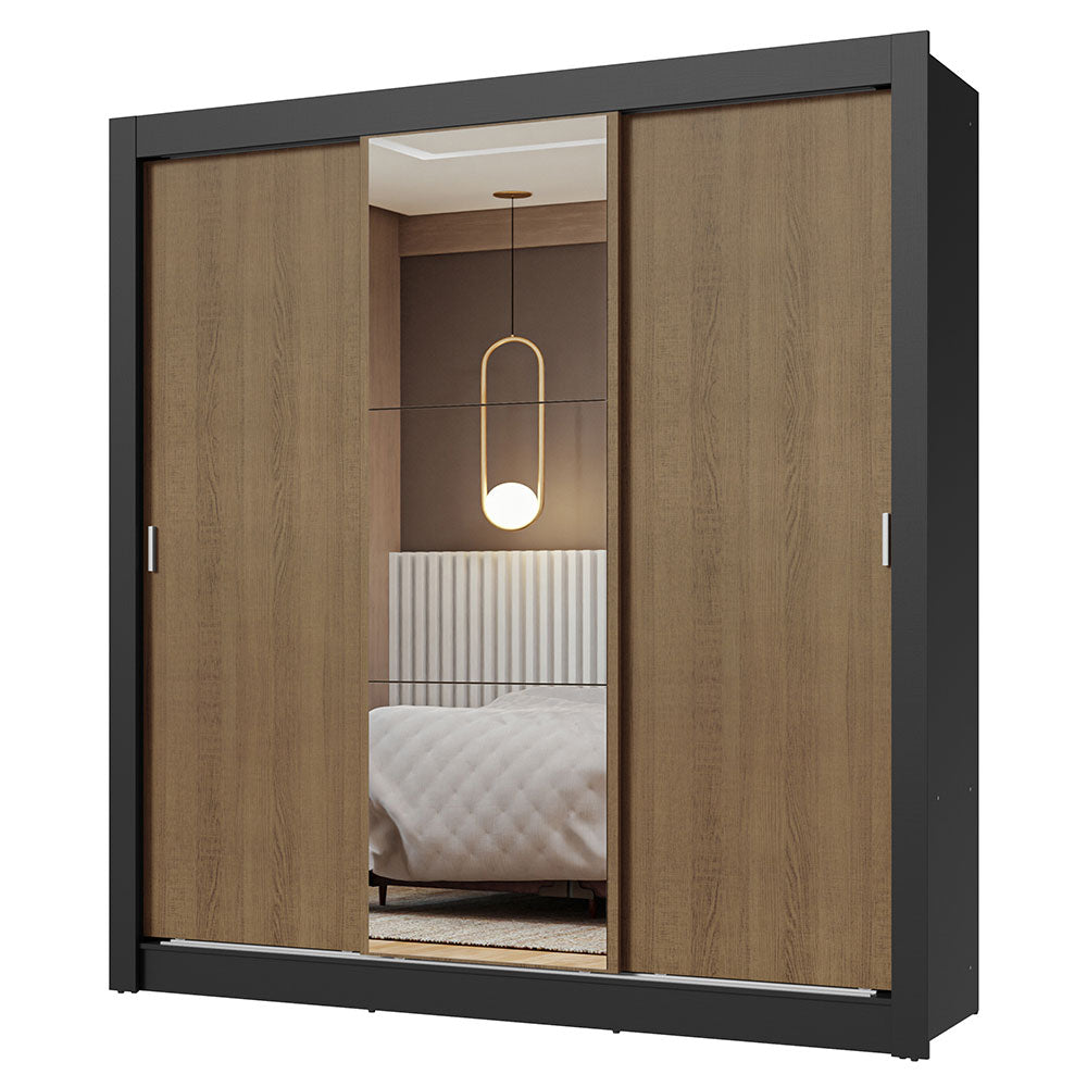 Placard Matrimonial 3 Puertas Corredizas con Espejo Negro/Marrón Nobre