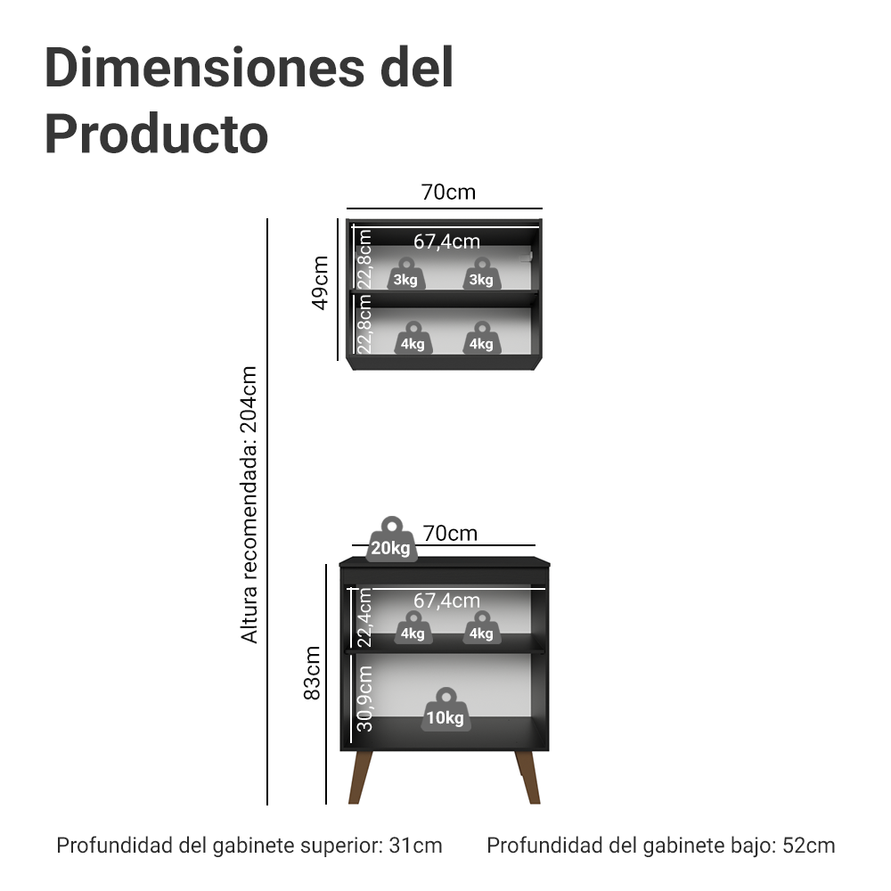 Kit de Cocina con Alacena y Mueble Bajo 70 cm Negro Pieta Madesa