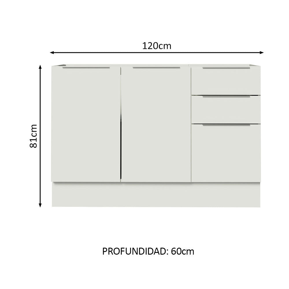 Bajo Mesada Cocina 120 x 60 cm 2 Puertas e 3 Cajones (Sin Mesada) Blanco Stella Madesa