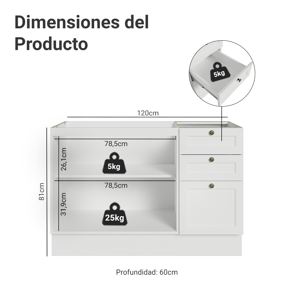 Bajo Mesada Cocina 120 x 60 cm 2 Puertas 3 Cajones (Sin Mesada) Blanco Vik Madesa