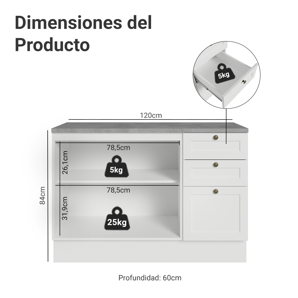 Bajo Mesada Cocina 120 x 60 cm 2 Puertas 3 Cajones (con Mesada) Blanco Vik Madesa